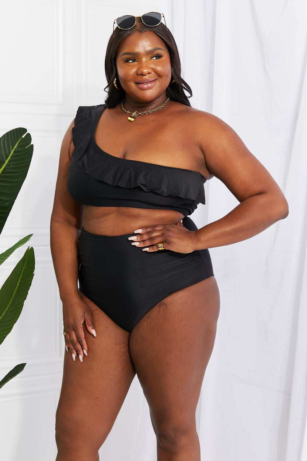 Marina West Swim Seaside Romance Ruffle One-Shoulder Bikini in Black-Teresa&#39;s Fashionista LLC