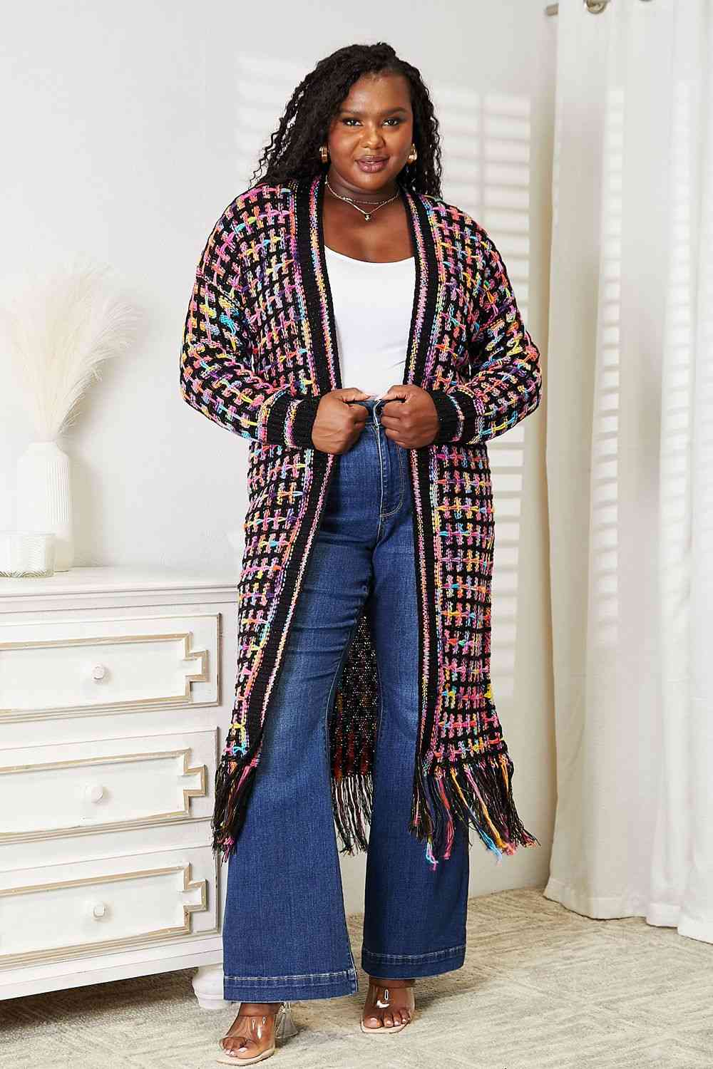 Double Take Full Size Multicolored Open Front Fringe Hem Cardigan-Teresa&#39;s Fashionista LLC