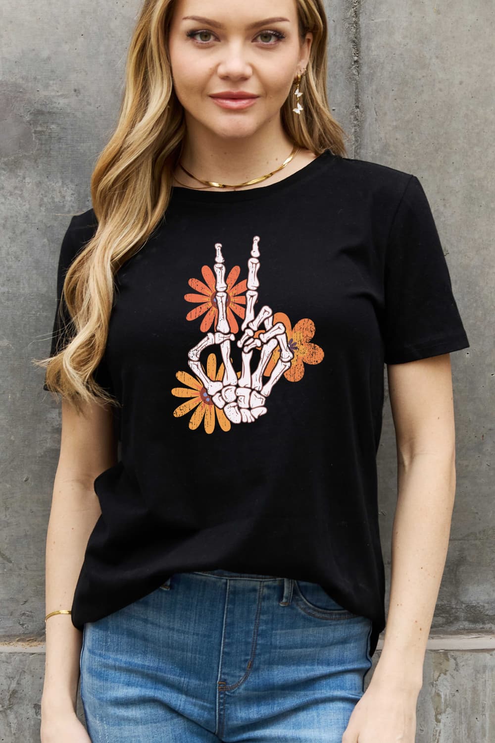 Simply Love Full Size Skeleton Hand Graphic Cotton Tee-Teresa&#39;s Fashionista LLC