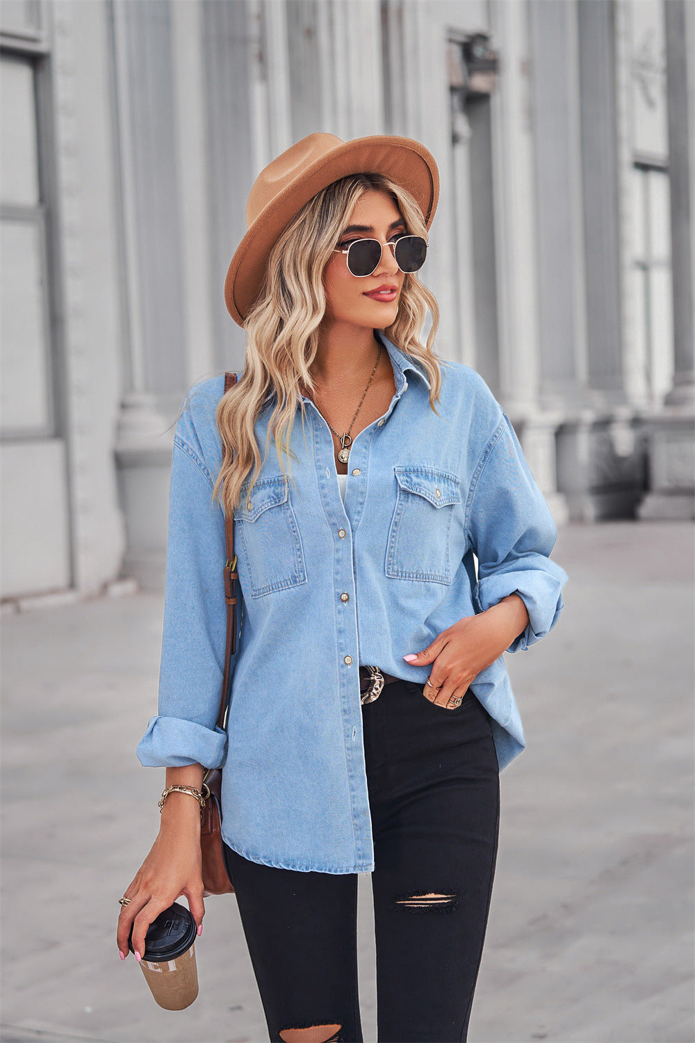 Collared Neck Dropped Shoulder Denim Top-Teresa&#39;s Fashionista LLC