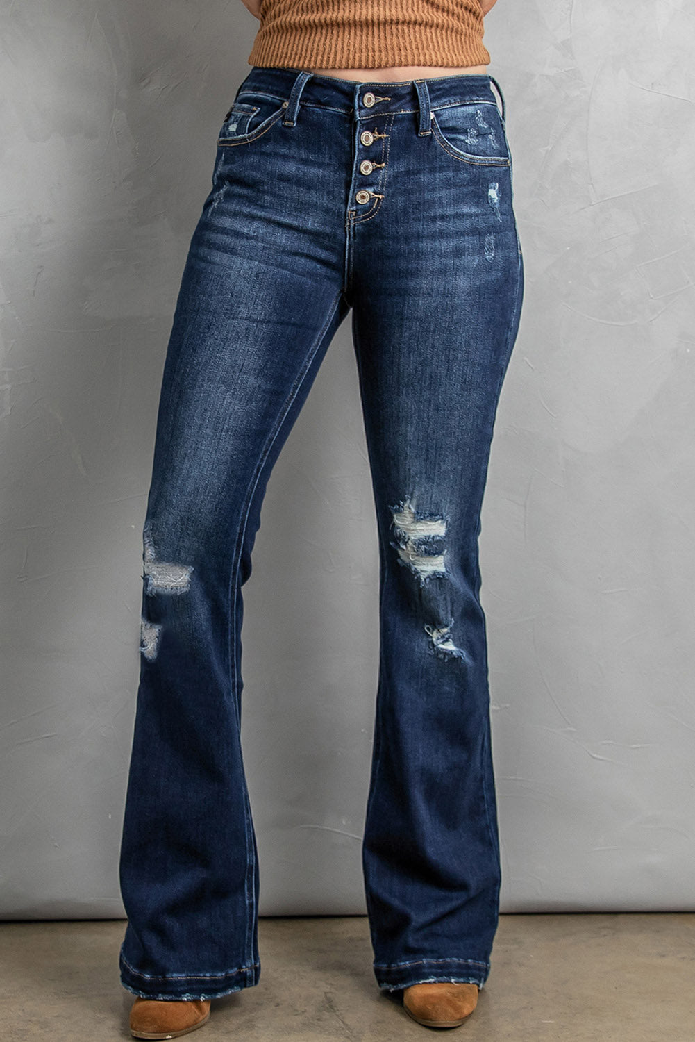 Button Fly Distressed Bootcut Jeans-Teresa&#39;s Fashionista LLC