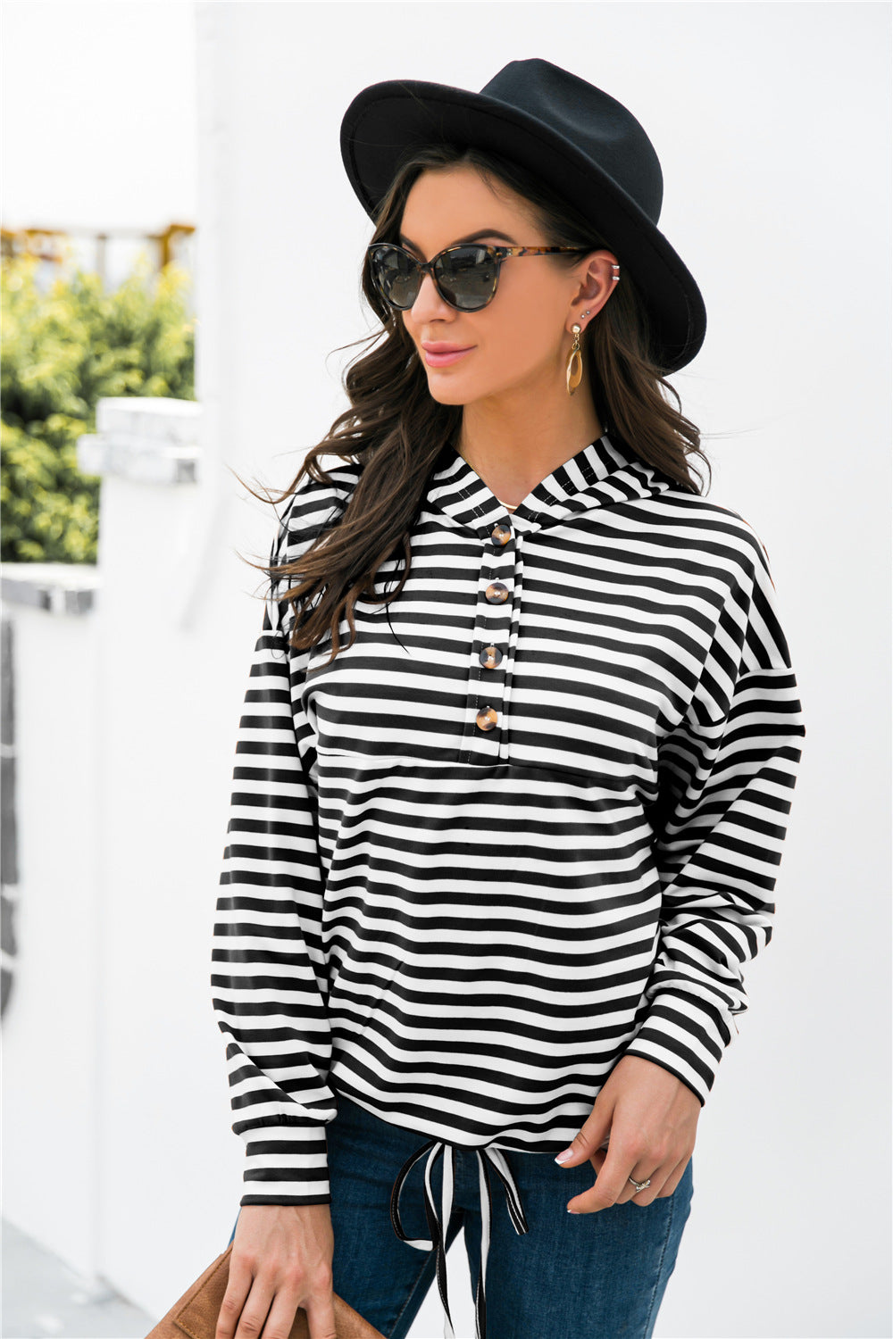 Striped Half-Button Dropped Shoulder Hoodie-Teresa&#39;s Fashionista LLC