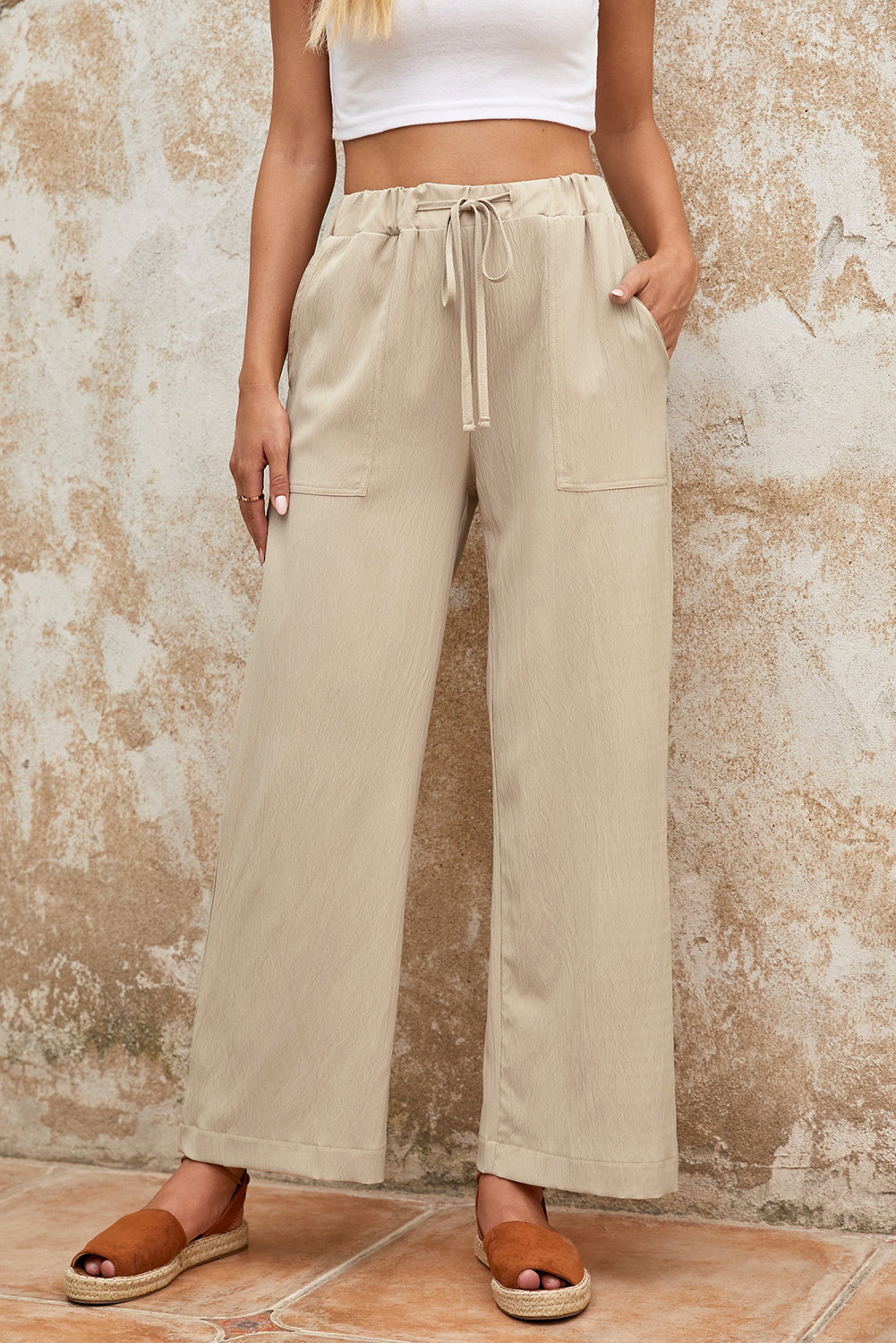 Drawstring Waist Crinkled Wide Leg Pants-Teresa&#39;s Fashionista LLC