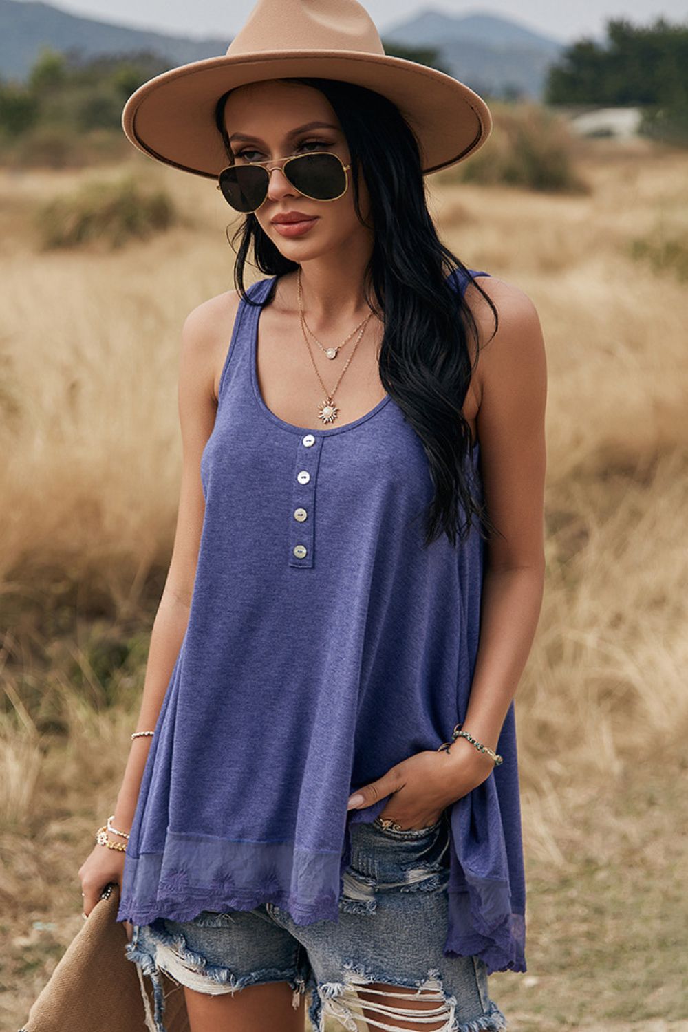 Lace Trim Button Detail Tank Top-Teresa&#39;s Fashionista LLC