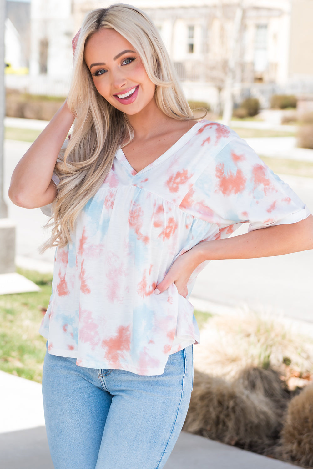 Tie-Dye V-Neck Tie Back Top-Teresa&#39;s Fashionista LLC