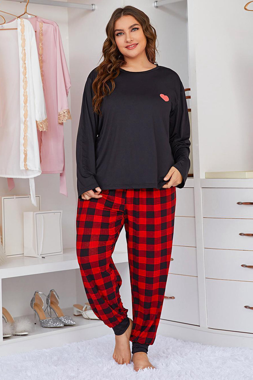 Plus Size Heart Graphic Top and Plaid Joggers Lounge Set-Teresa&#39;s Fashionista LLC