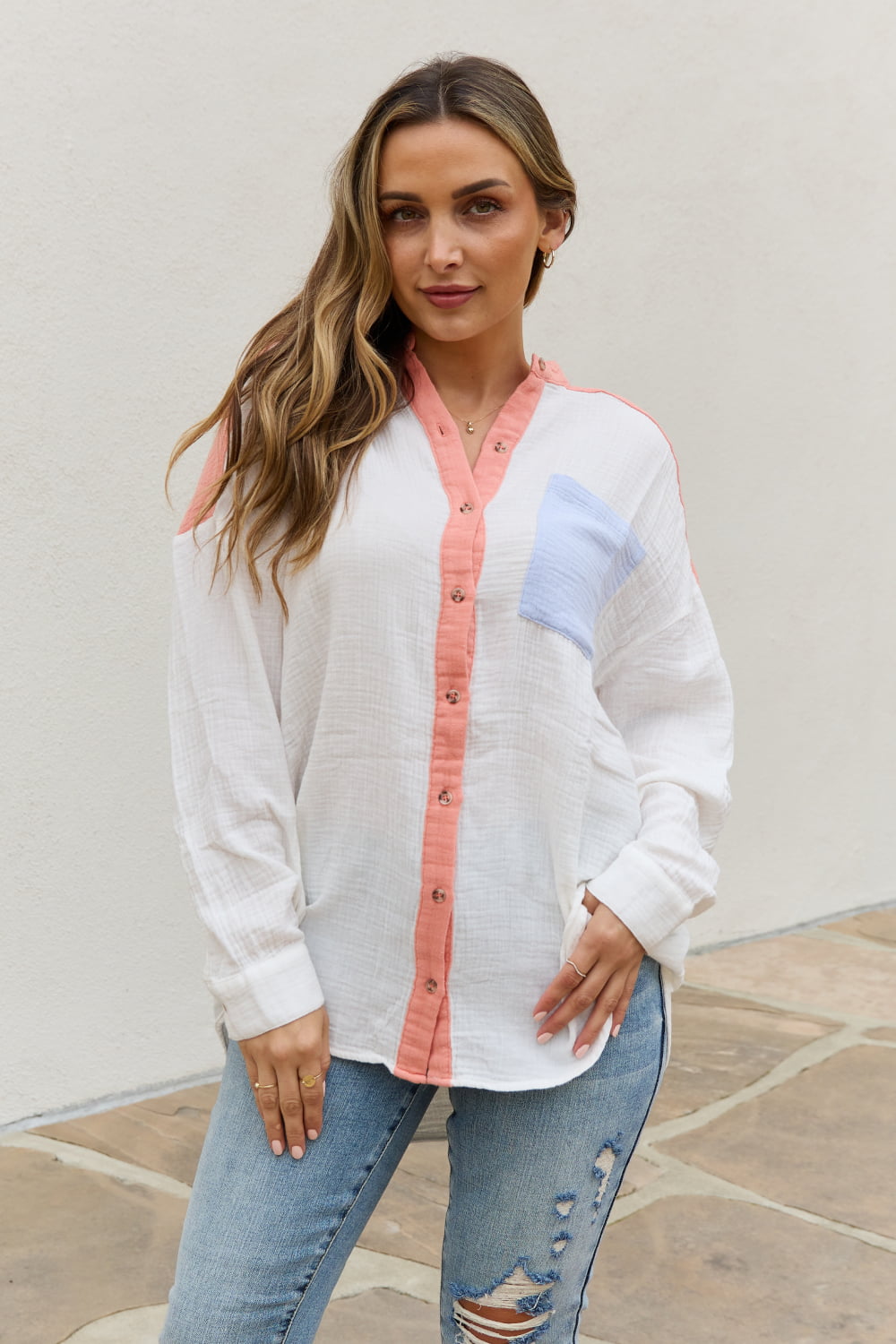 White Birch Full Size Color Block Woven Button Down Top-Teresa&#39;s Fashionista LLC