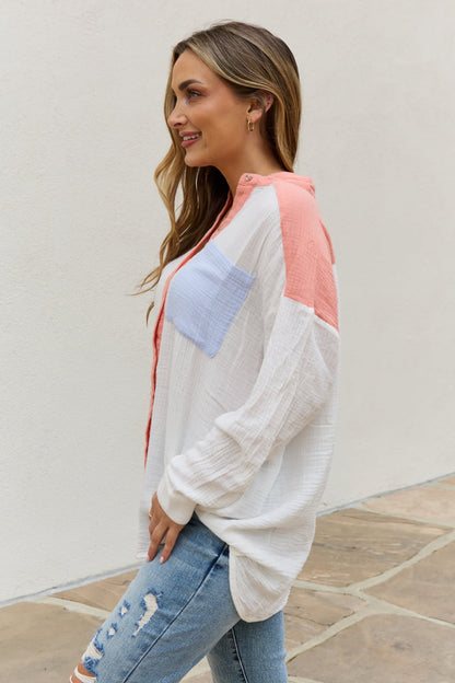 White Birch Full Size Color Block Woven Button Down Top-Teresa&#39;s Fashionista LLC