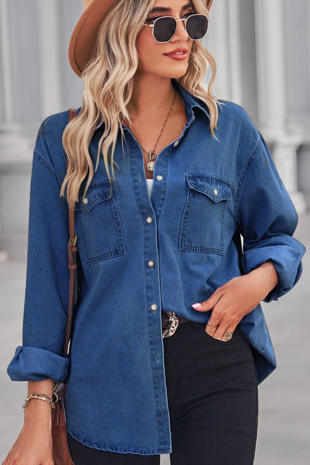 Collared Neck Dropped Shoulder Denim Top-Teresa&#39;s Fashionista LLC