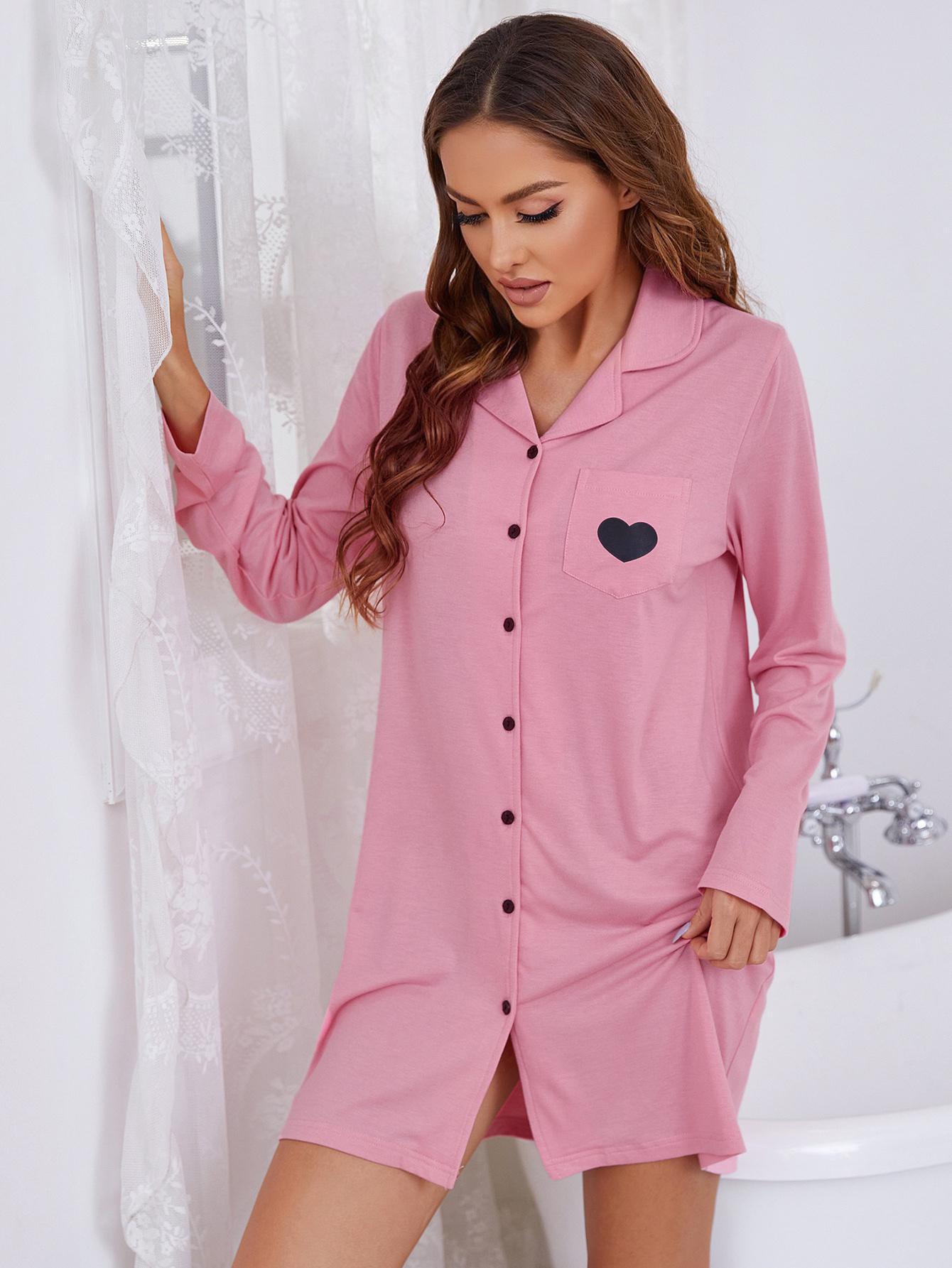 Heart Graphic Lapel Collar Long Sleeve Night Dress-Teresa&#39;s Fashionista LLC