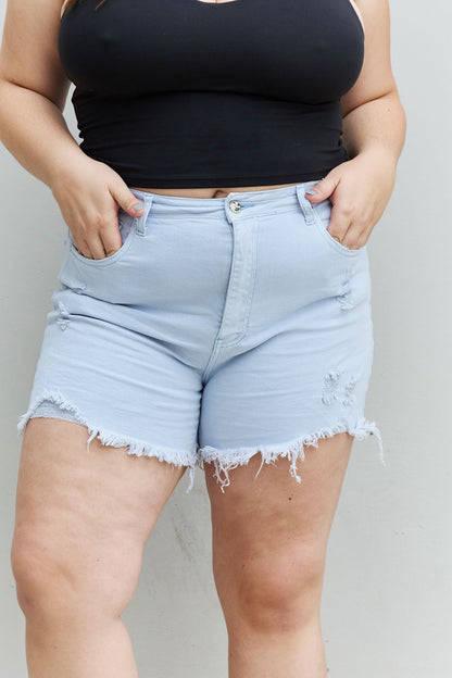 RISEN Katie Full Size High Waisted Distressed Shorts in Ice Blue-Teresa&#39;s Fashionista LLC