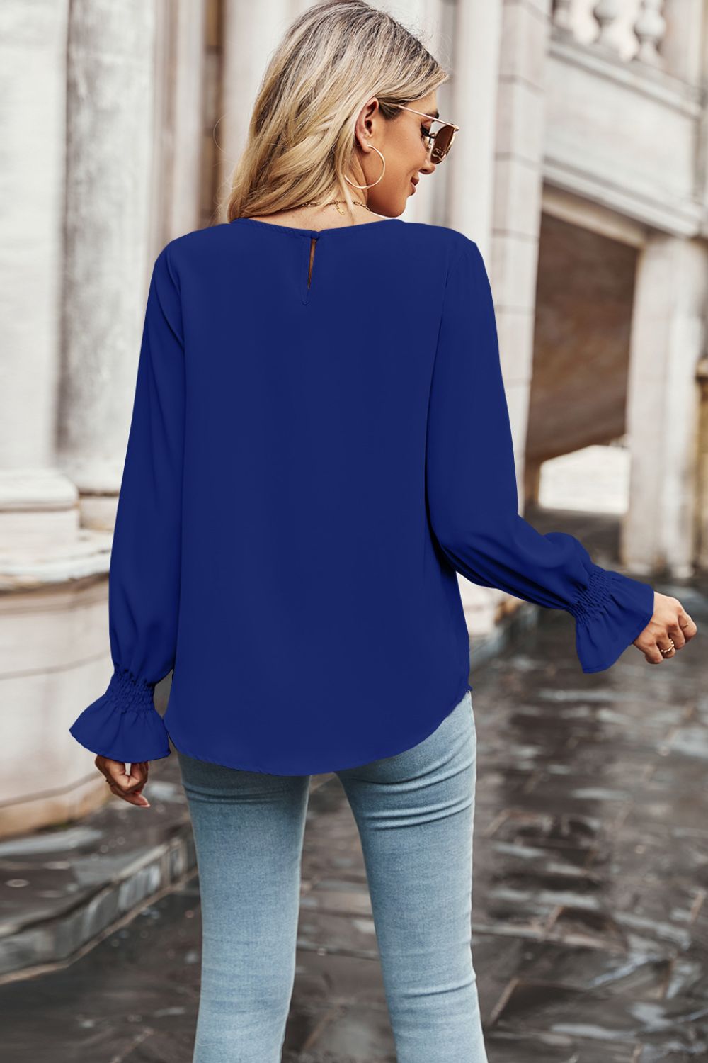 Round Neck Long Flounce Sleeve Blouse-Teresa&#39;s Fashionista LLC