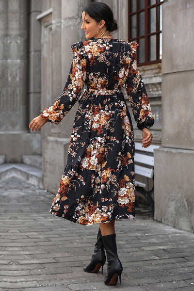 Floral Surplice Tie Front Ruffle Hem Midi Dress-Teresa&#39;s Fashionista LLC