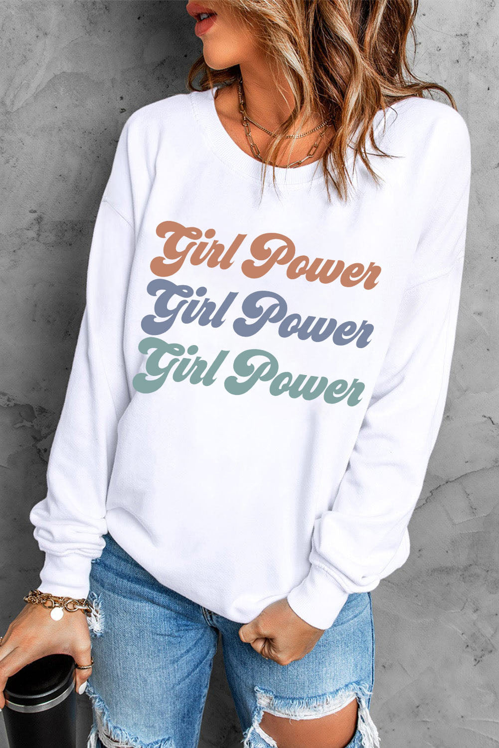 GIRL POWER Graphic Dropped Shoulder Sweatshirt-Teresa&#39;s Fashionista LLC