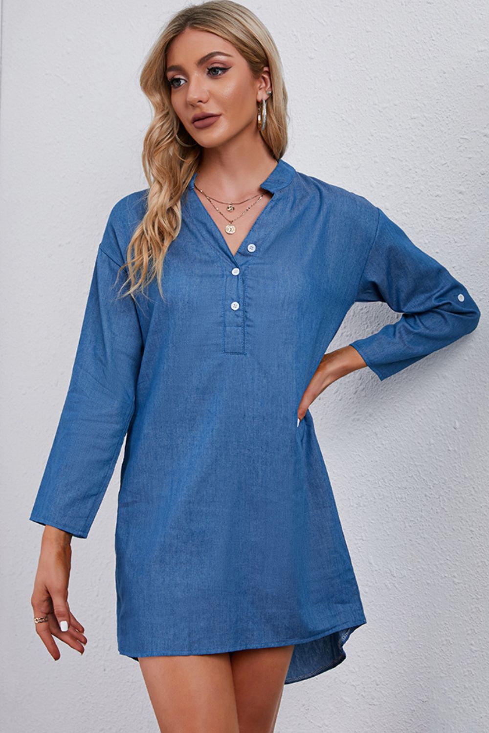 Half-Button Notched Neck High-Low Denim Dress-Teresa&#39;s Fashionista LLC