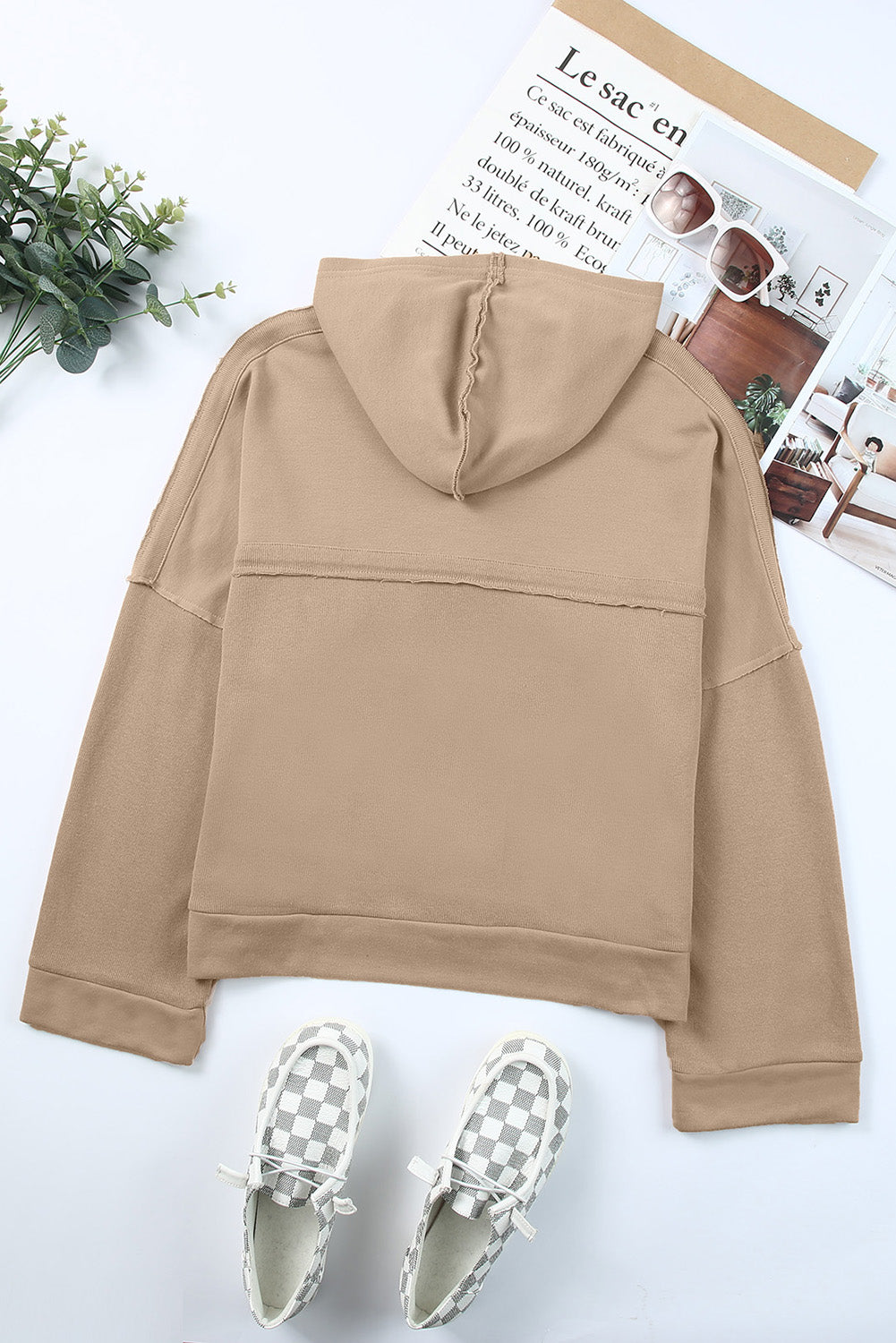 Quarter-Button Exposed Seam Dropped Shoulder Hoodie-Teresa&#39;s Fashionista LLC