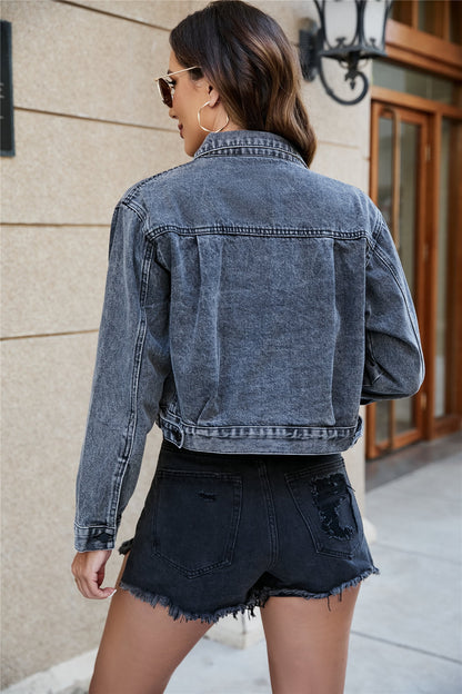 Collared Neck Long Sleeve Cropped Denim Jacket-Teresa&#39;s Fashionista LLC