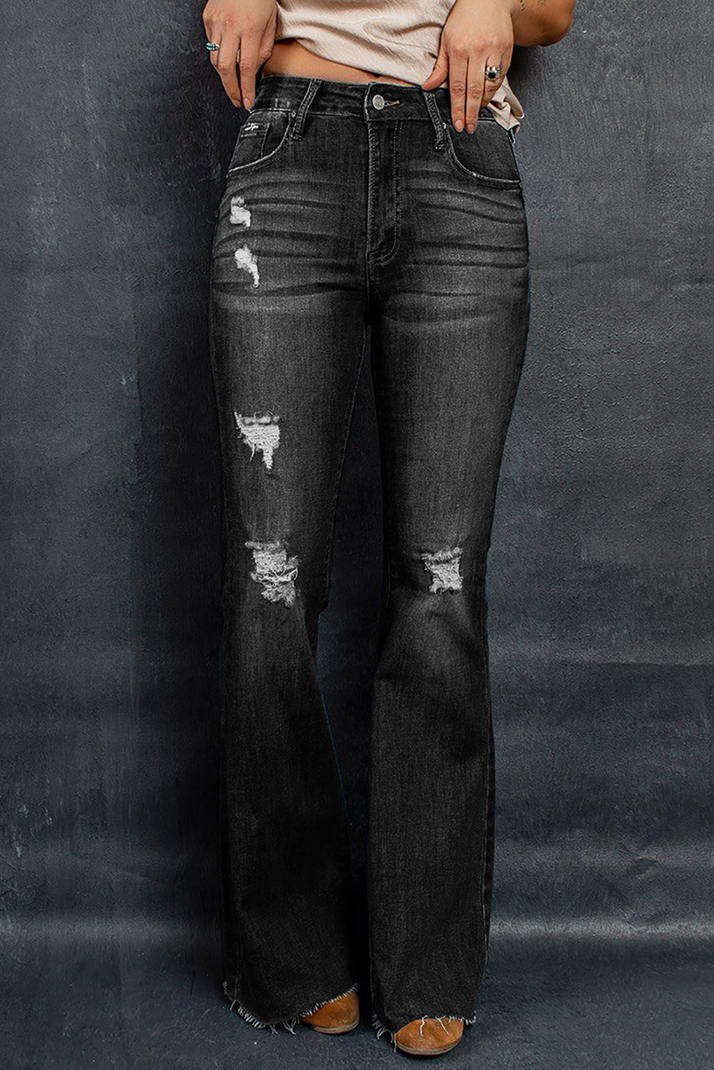 Distressed Raw Hem Flare Jeans-Teresa&#39;s Fashionista LLC