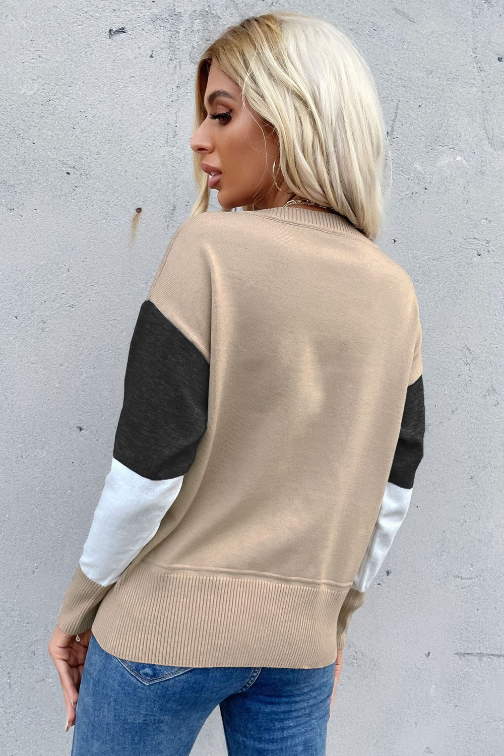 Color Block Ribbed Trim Round Neck Knit Pullover-Teresa&#39;s Fashionista LLC