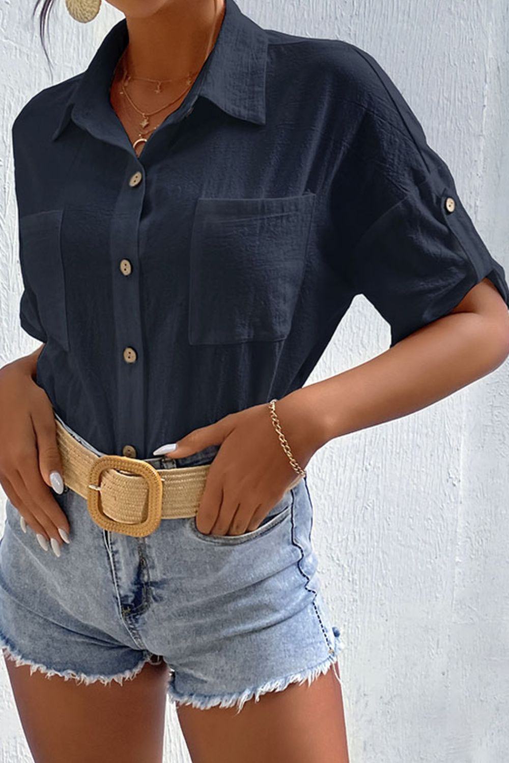 Roll-Tab Sleeve Shirt with Pockets-Teresa&#39;s Fashionista LLC