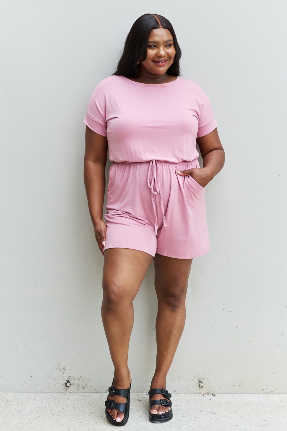 Zenana Chilled Out Full Size Short Sleeve Romper in Light Carnation Pink-Teresa&#39;s Fashionista LLC