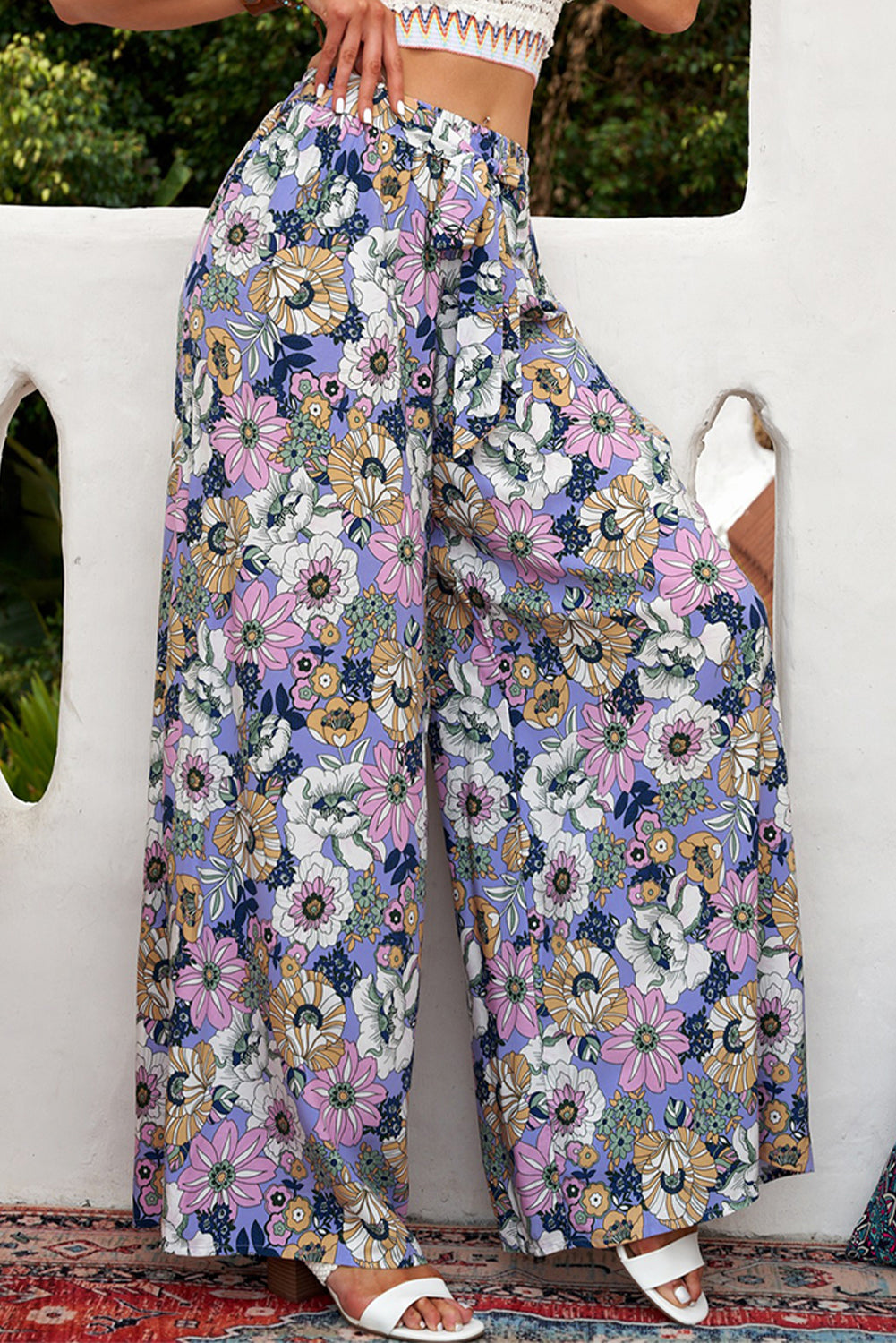 Floral Tie Belt Wide Leg Pants-Teresa&#39;s Fashionista LLC