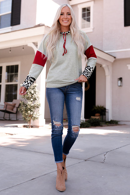 Leopard Color Block Drawstring Detail Sweatshirt-Teresa&#39;s Fashionista LLC