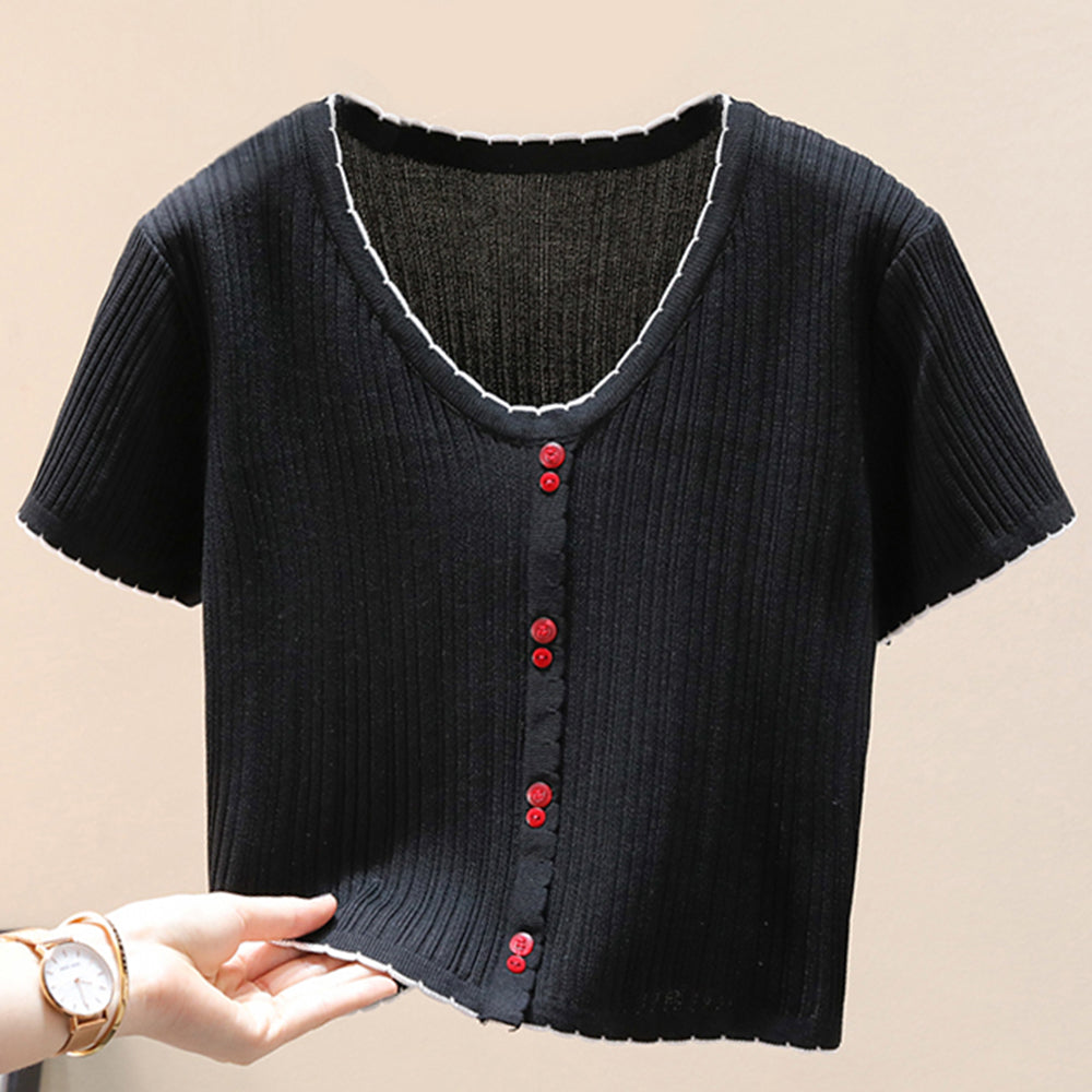 Contrast Decorative Button Short Sleeve Knit Top-Teresa&#39;s Fashionista LLC