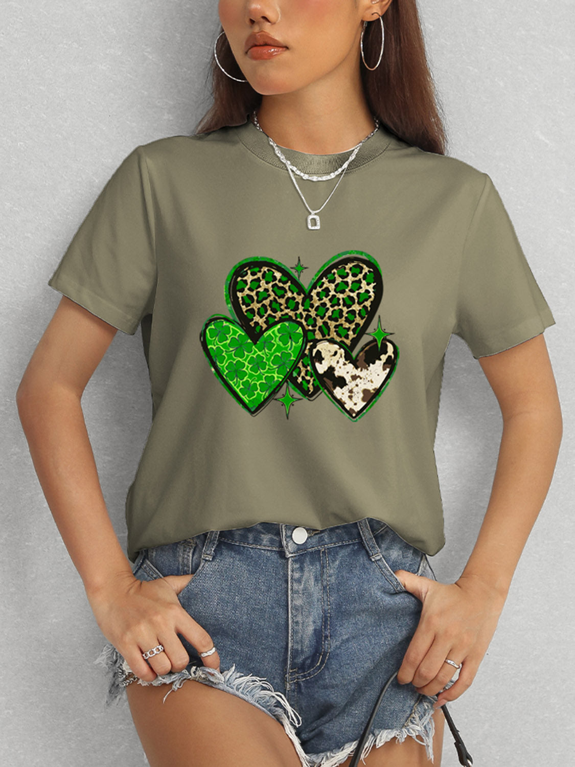 Heart Round Neck Short Sleeve T-Shirt-Teresa&#39;s Fashionista LLC