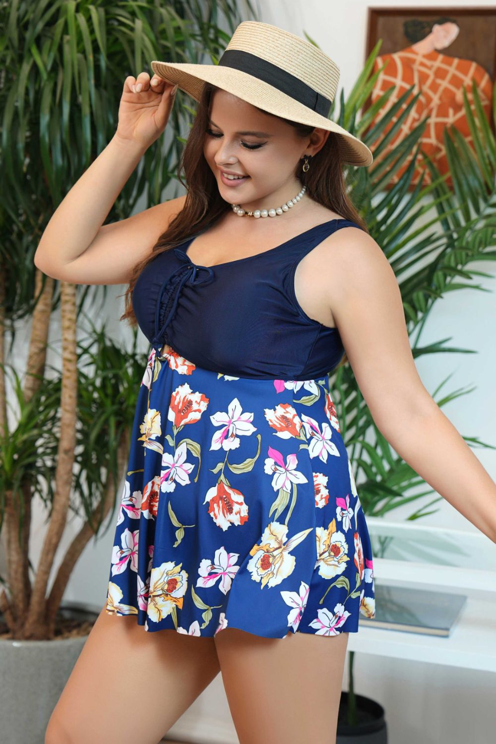 Plus Size Floral Ruched Sleeveless Swim Top-Teresa&#39;s Fashionista LLC