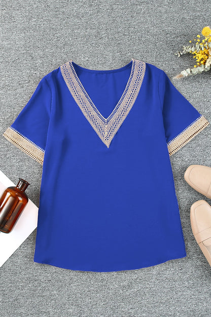 Contrast V-Neck Blouse-Teresa&#39;s Fashionista LLC