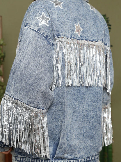 Fringe Detail Long Sleeve Denim Jacket-Teresa&#39;s Fashionista LLC