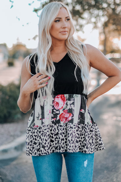 Leopard Floral Color Block V-Neck Tank Top-Teresa&#39;s Fashionista LLC