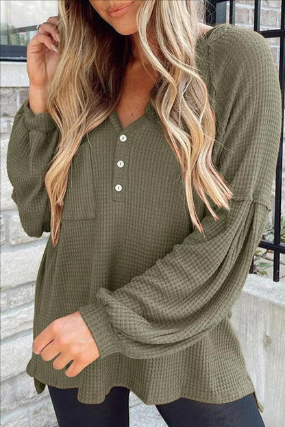 Puff Sleeve Side Slit Buttoned Waffle Knit Hoodie-Teresa&#39;s Fashionista LLC