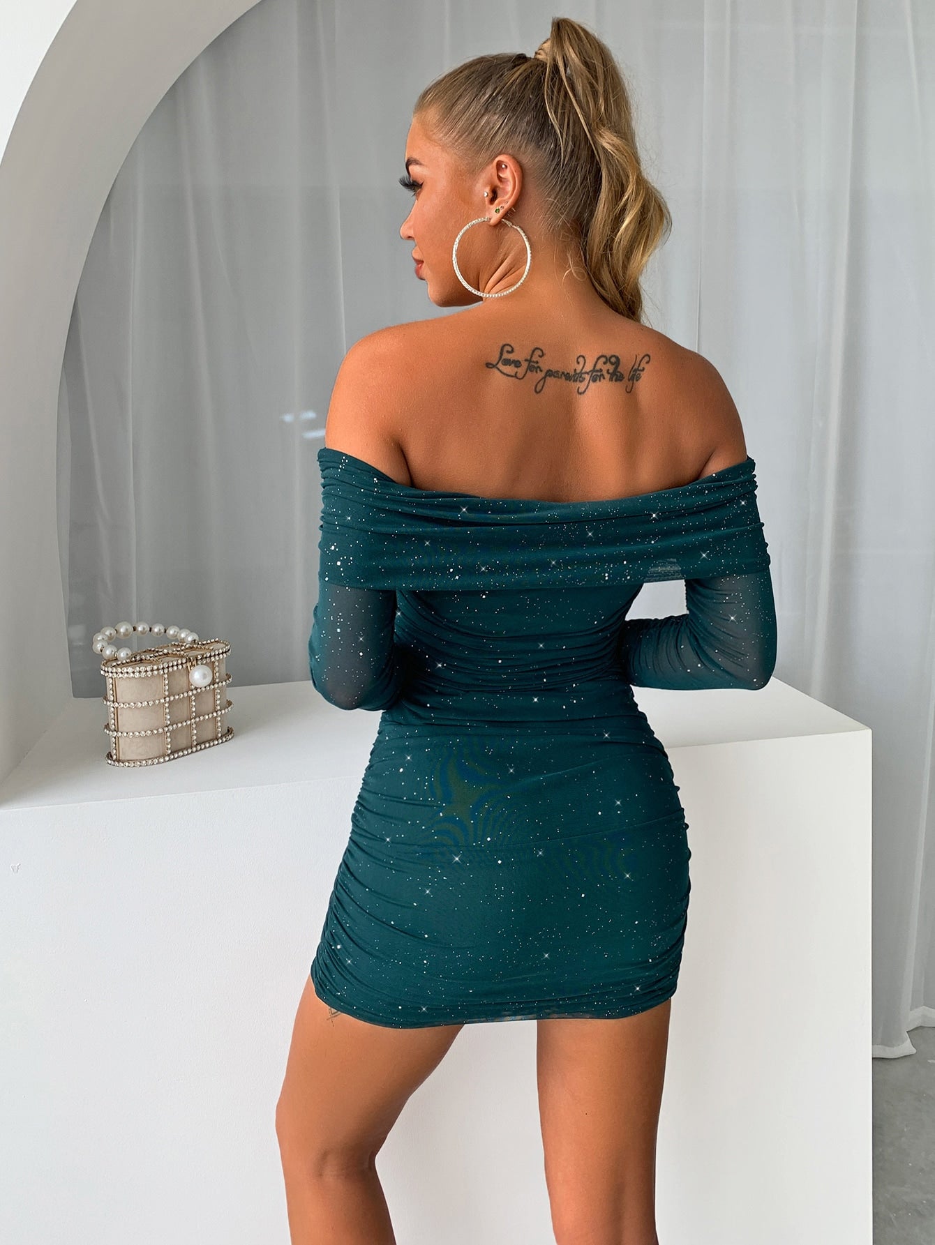 Glitter Mesh Off-Shoulder Ruched Mini Dress-Teresa&#39;s Fashionista LLC