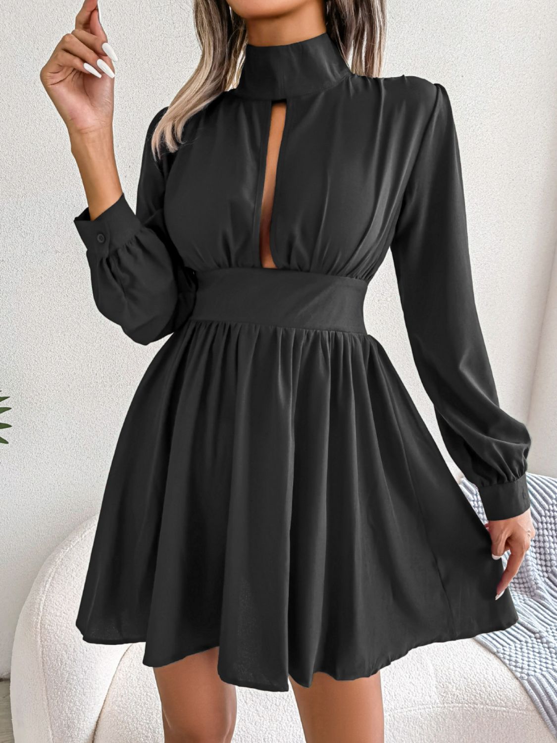 Cutout Turtleneck A-Line Mini Dress-Teresa&#39;s Fashionista LLC