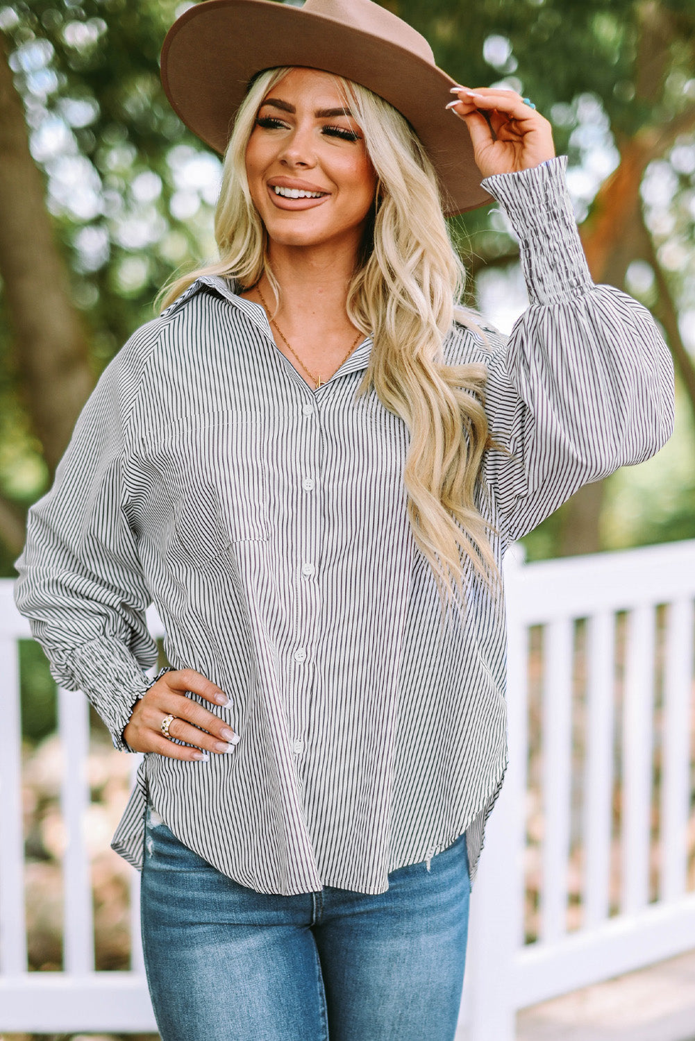 Striped Lantern Sleeve Collared Shirt-Teresa&#39;s Fashionista LLC