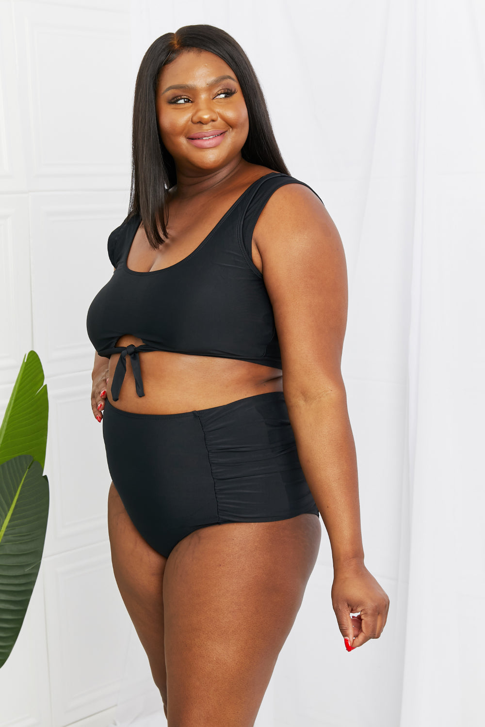 Marina West Swim Sanibel Crop Swim Top and Ruched Bottoms Set in Black-Teresa&#39;s Fashionista LLC