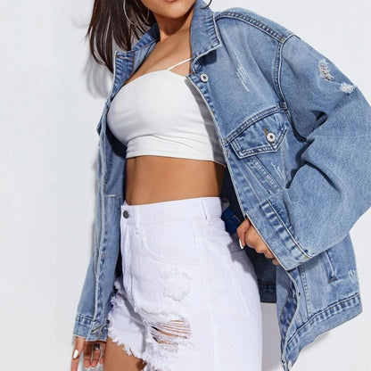 Collared Neck Button-Up Distressed Denim Jacket-Teresa&#39;s Fashionista LLC