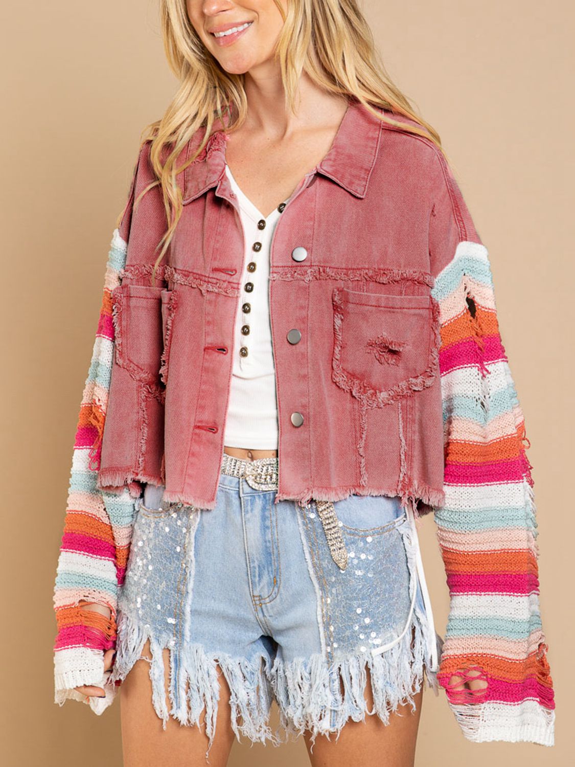 Distressed Striped Long Sleeve Denim Jacket-Teresa&#39;s Fashionista LLC