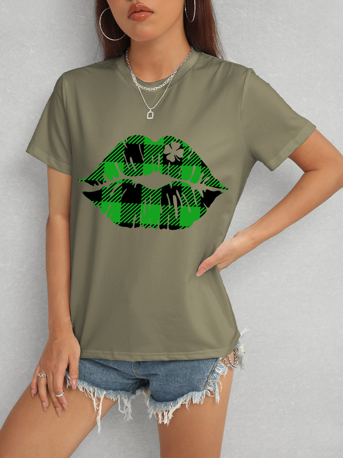 Plaid Lip Graphic Round Neck T-Shirt-Teresa&#39;s Fashionista LLC