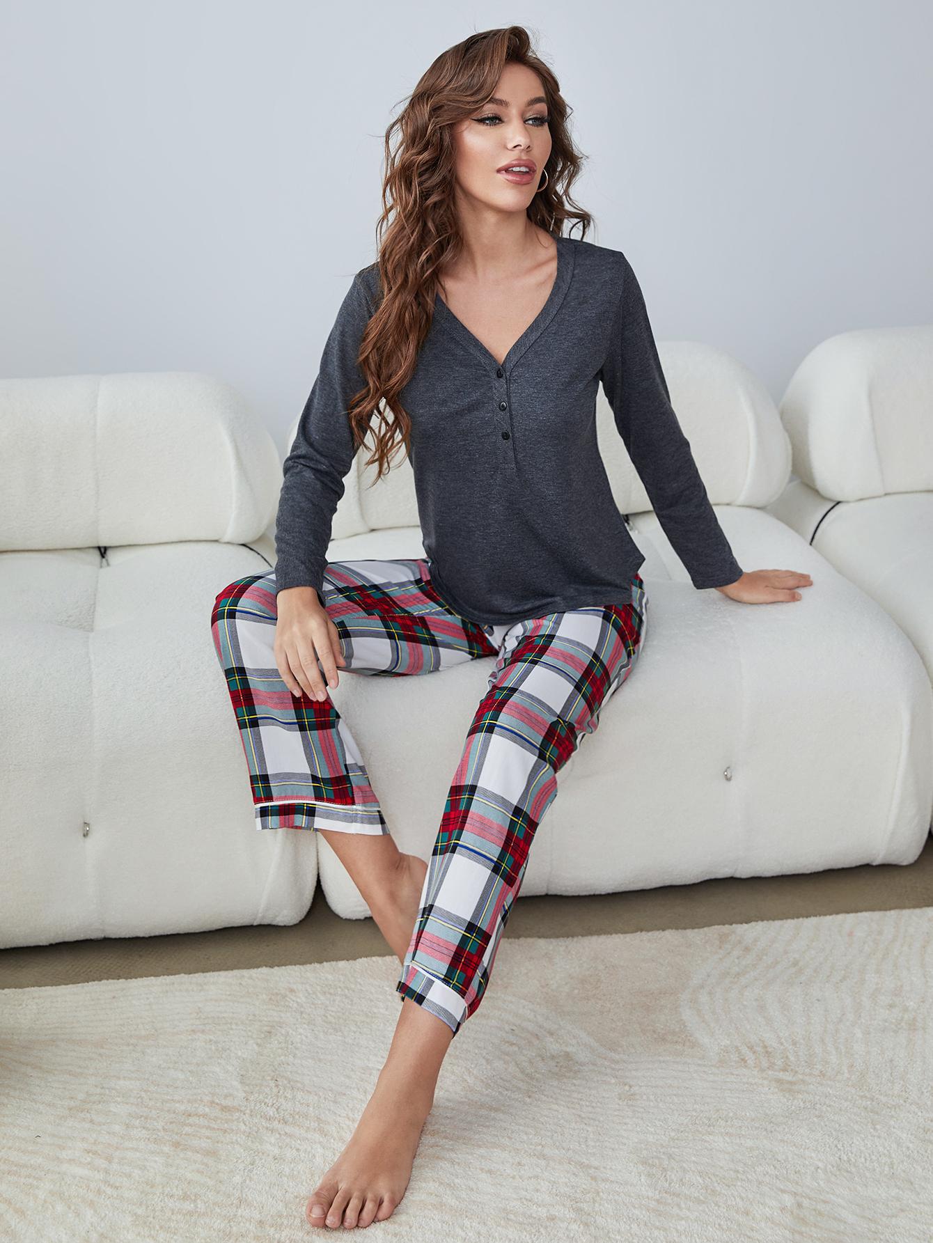 Buttoned Long Sleeve Top and Plaid Pants Lounge Set-Teresa&#39;s Fashionista LLC