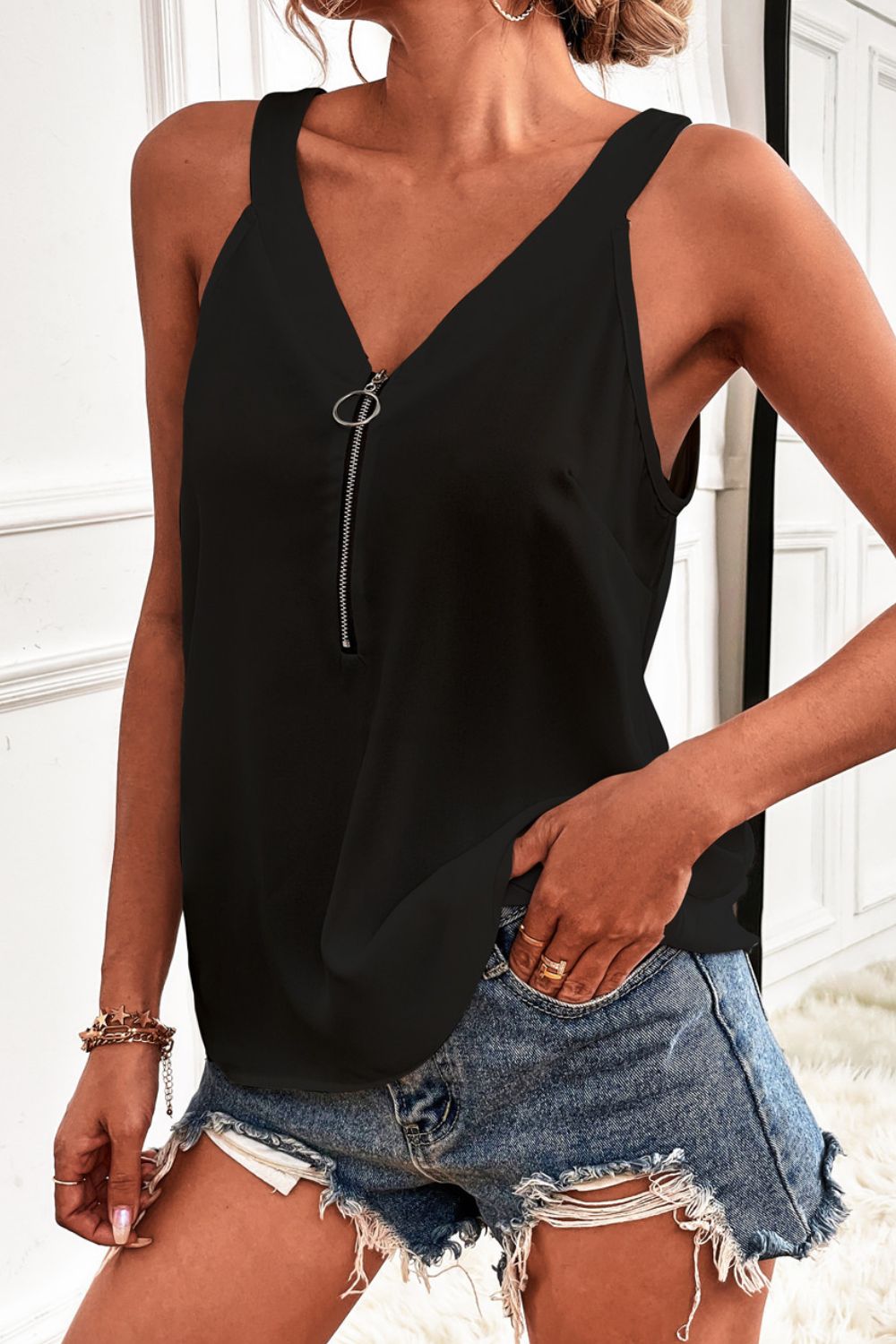 Half-Zip Scoop Neck Tank-Teresa&#39;s Fashionista LLC