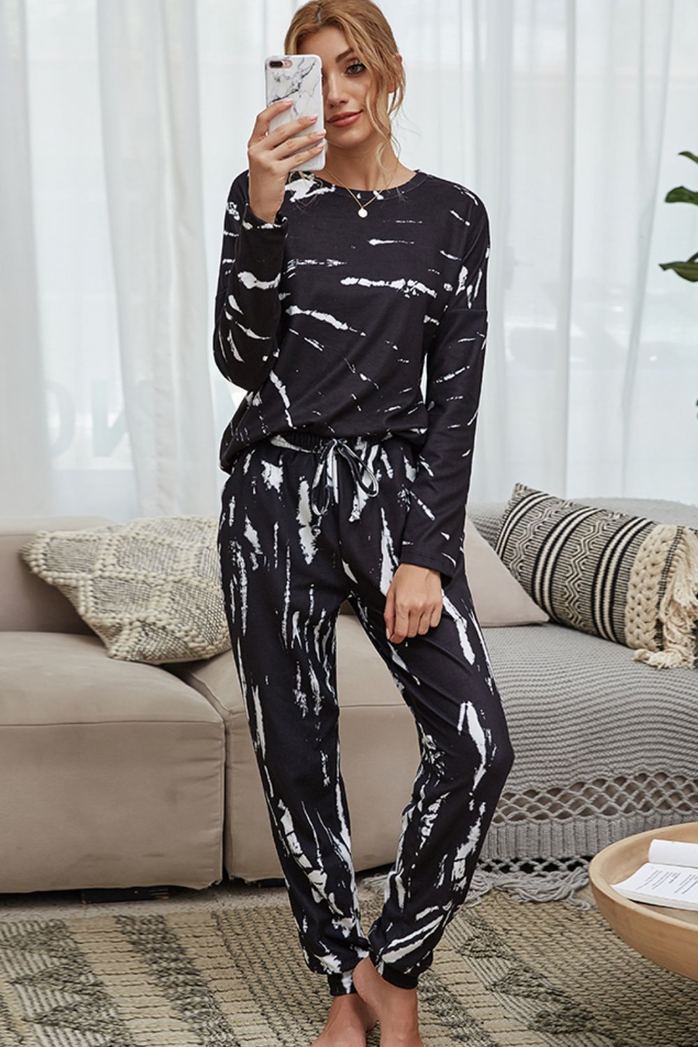 Tie-Dye Round Neck Top and Drawstring Waist Joggers Lounge Set-Teresa&#39;s Fashionista LLC