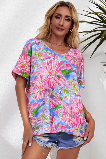 Floral V-Neck Short Sleeve Blouse-Teresa&#39;s Fashionista LLC