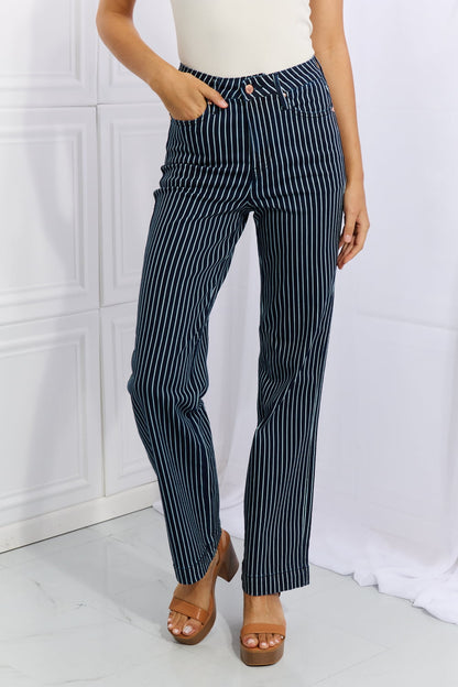 Judy Blue Cassidy Full Size High Waisted Tummy Control Striped Straight Jeans-Teresa&#39;s Fashionista LLC