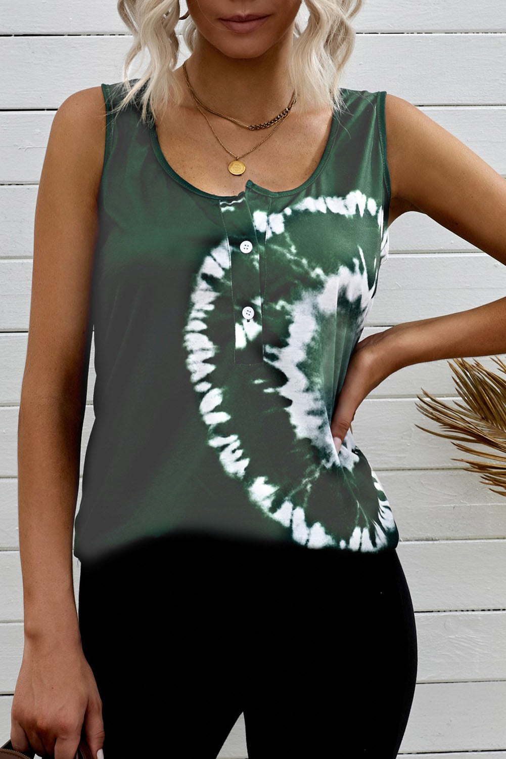 Tie-Dye Scoop Neck Henley Tank-Teresa&#39;s Fashionista LLC