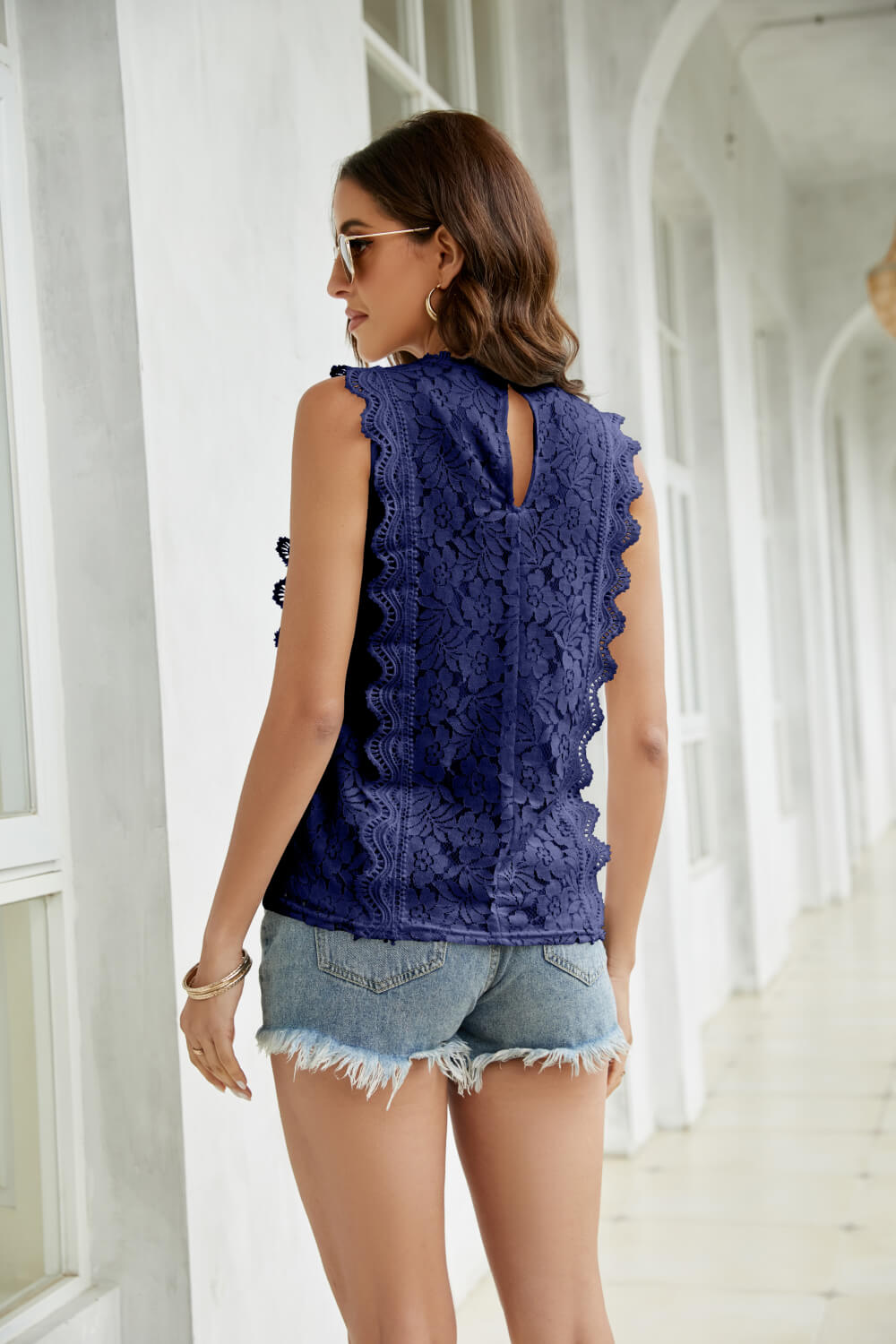 Lace Scalloped Keyhole V-Neck Tank-Teresa&#39;s Fashionista LLC