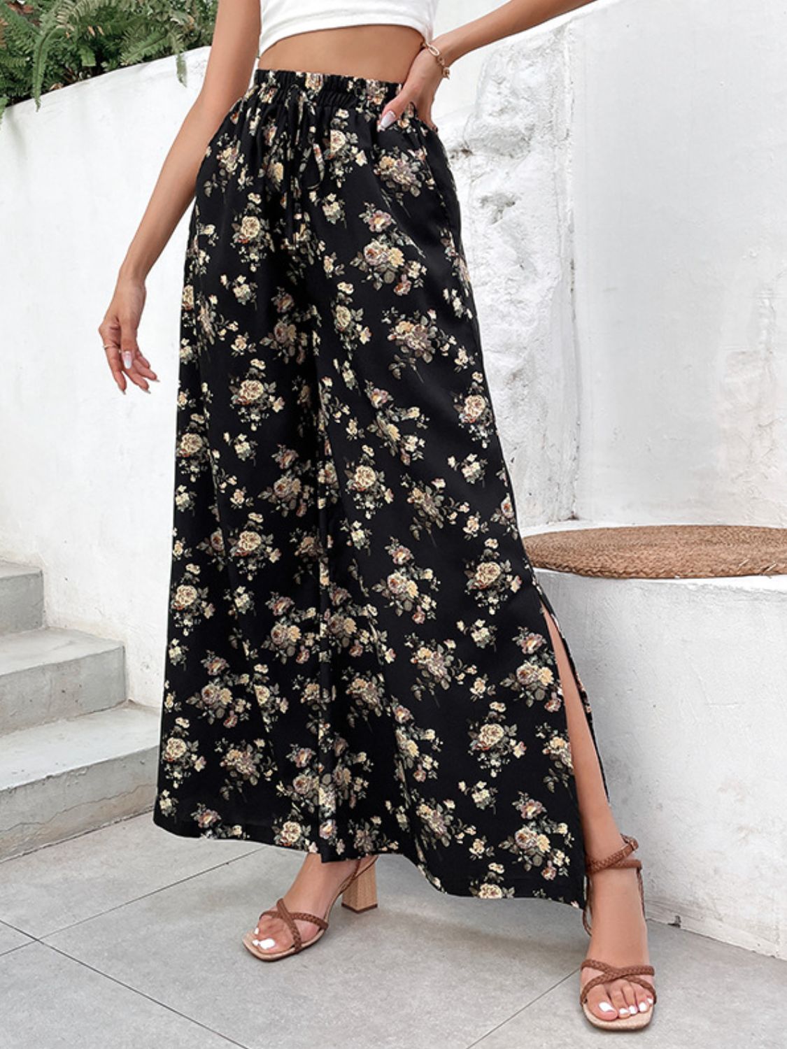 Floral Side Slit Wide Leg Pants-Teresa&#39;s Fashionista LLC