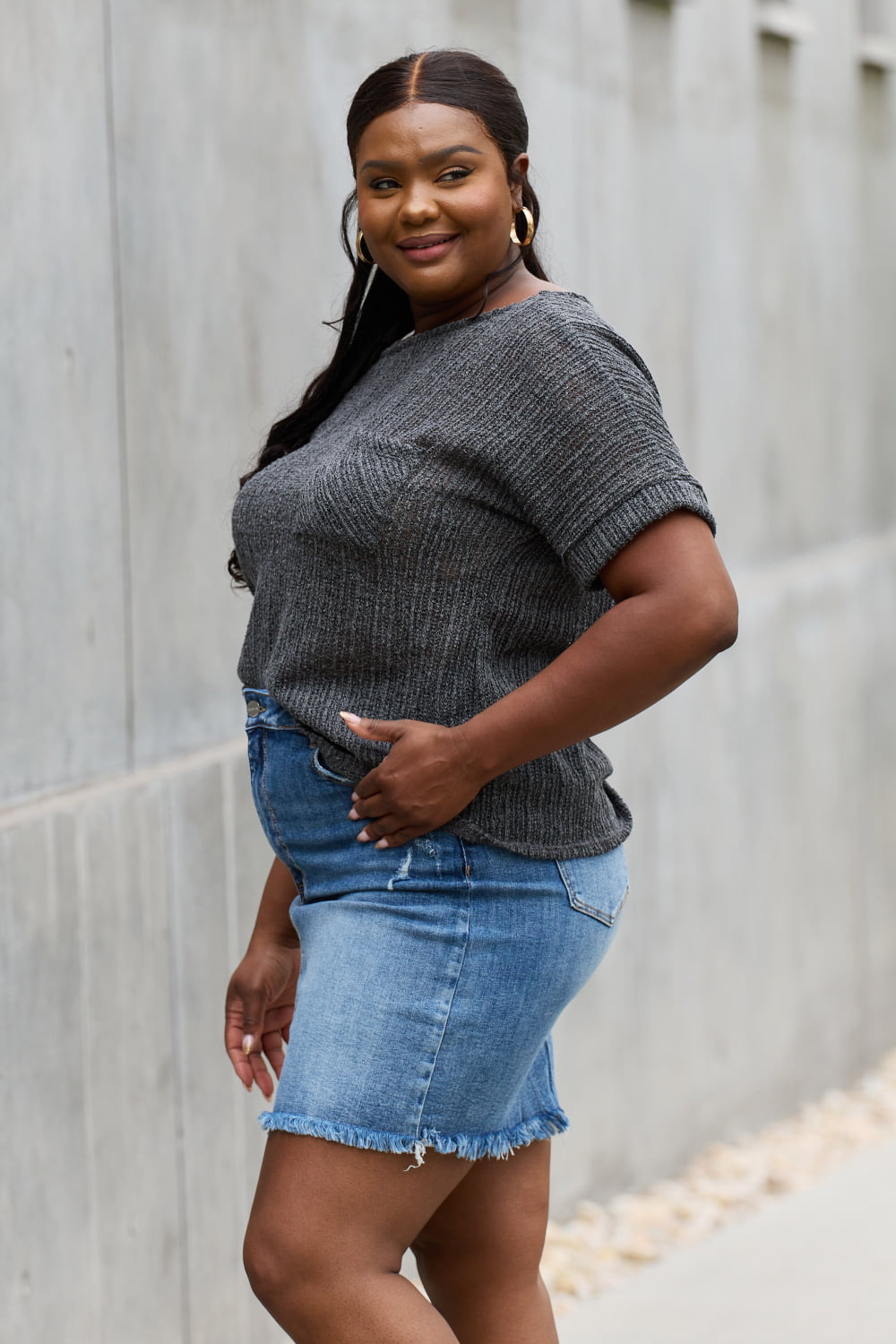 e.Luna Full Size Chunky Knit Short Sleeve Top in Gray-Teresa&#39;s Fashionista LLC